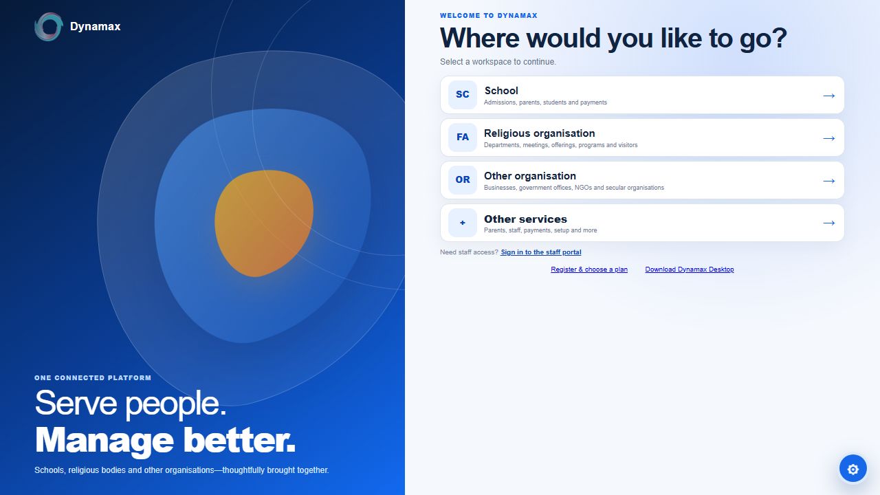 Dynamax workspace chooser with options for school, religious organisation, other organisation and other services