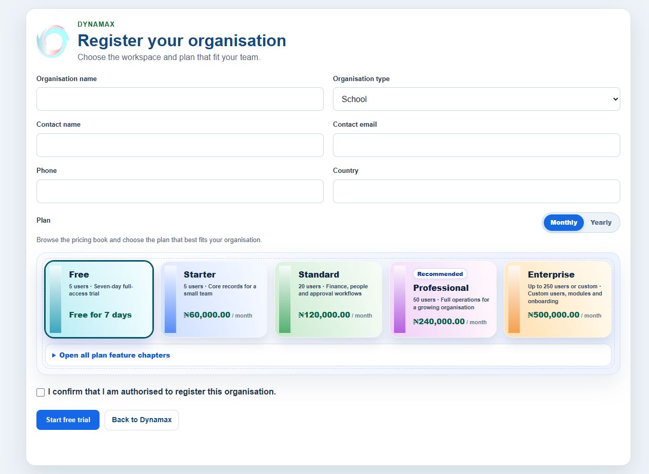Dynamax organisation registration form with monthly and yearly plan options