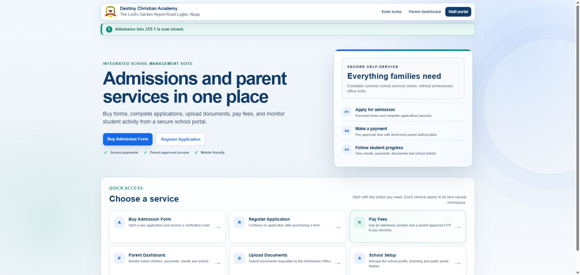 Dynamax school services portal showing admissions and parent self-service options