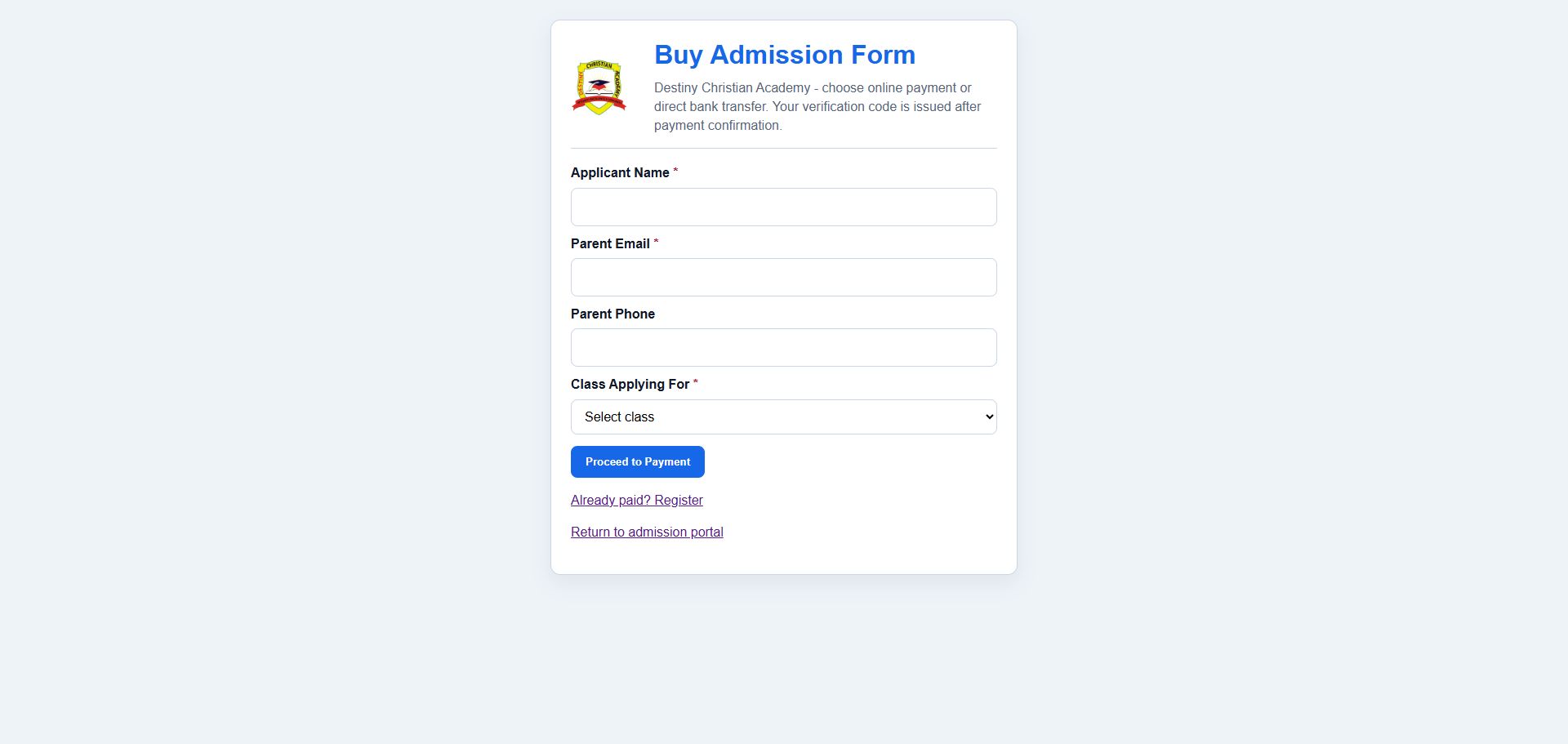 School admission form purchase page with applicant and parent contact fields