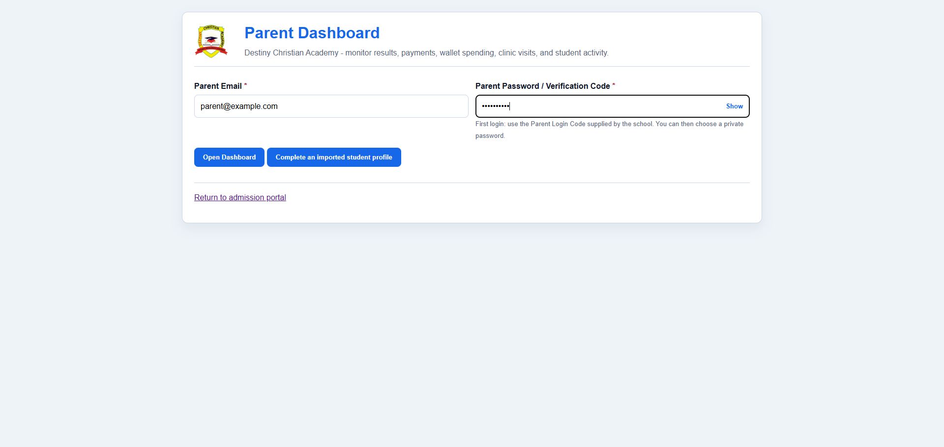 Parent dashboard sign-in page for monitoring results, payments and student activity