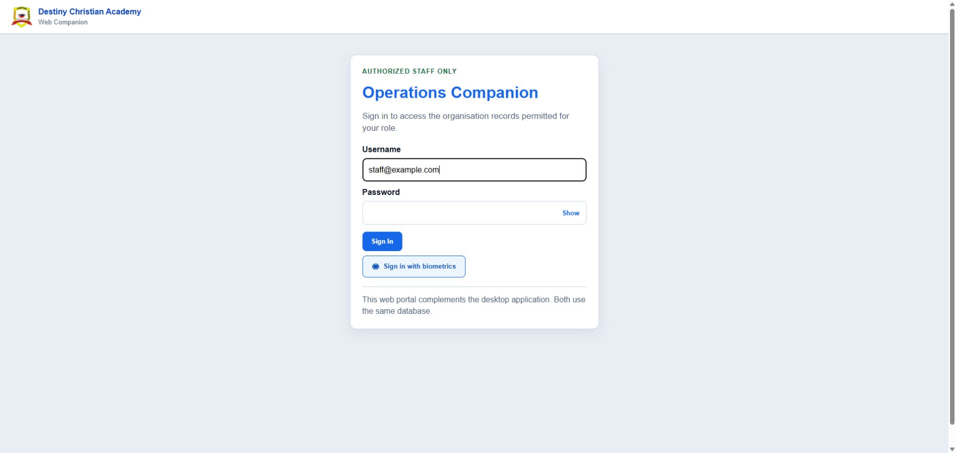 Dynamax operations companion sign-in page for authorised staff