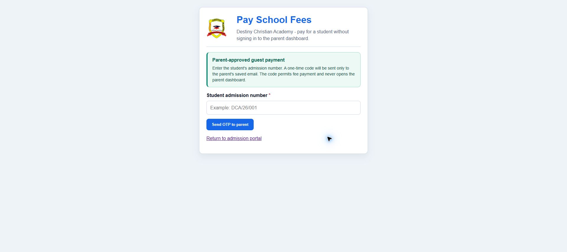 School fee payment page with parent-approved one-time-code protection