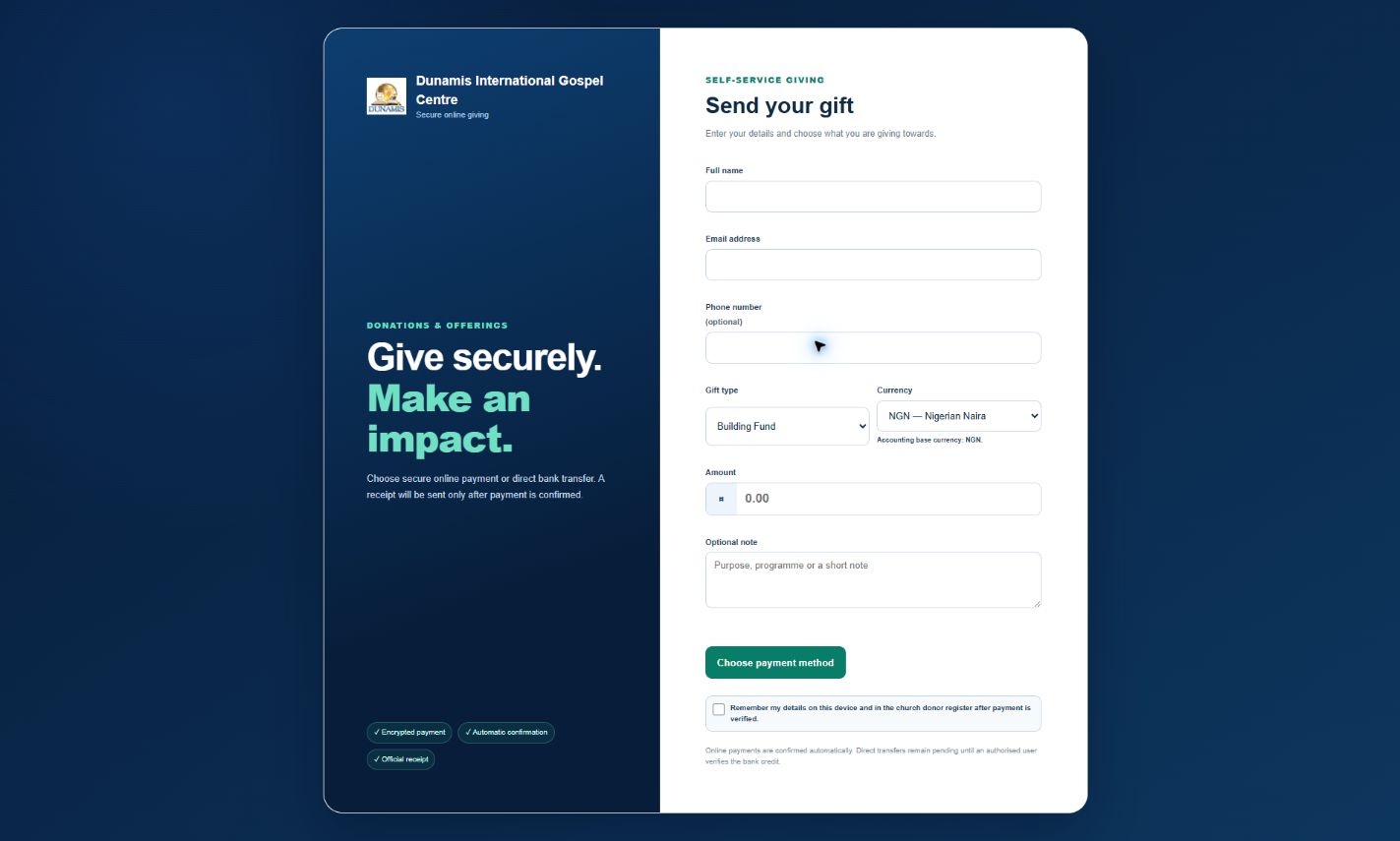 Dynamax faith organisation portal with a secure online giving form